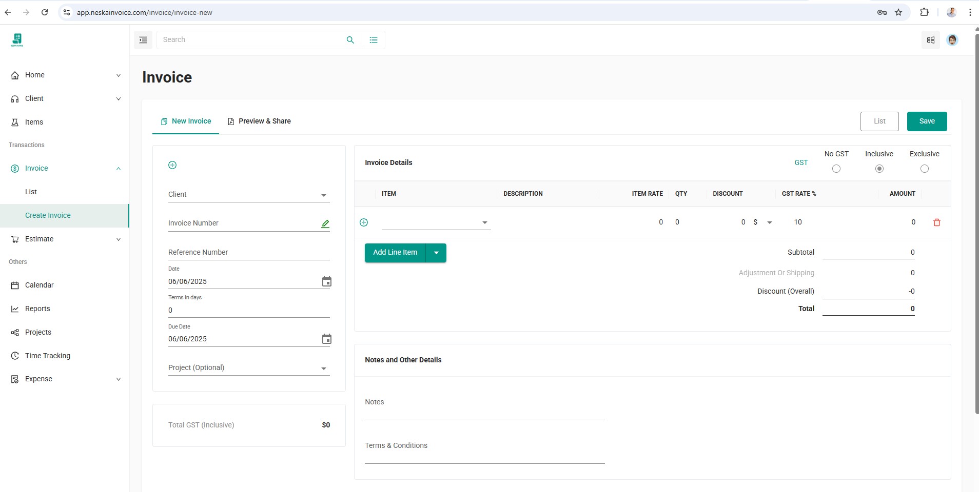 Neska Invoice Creation Interface